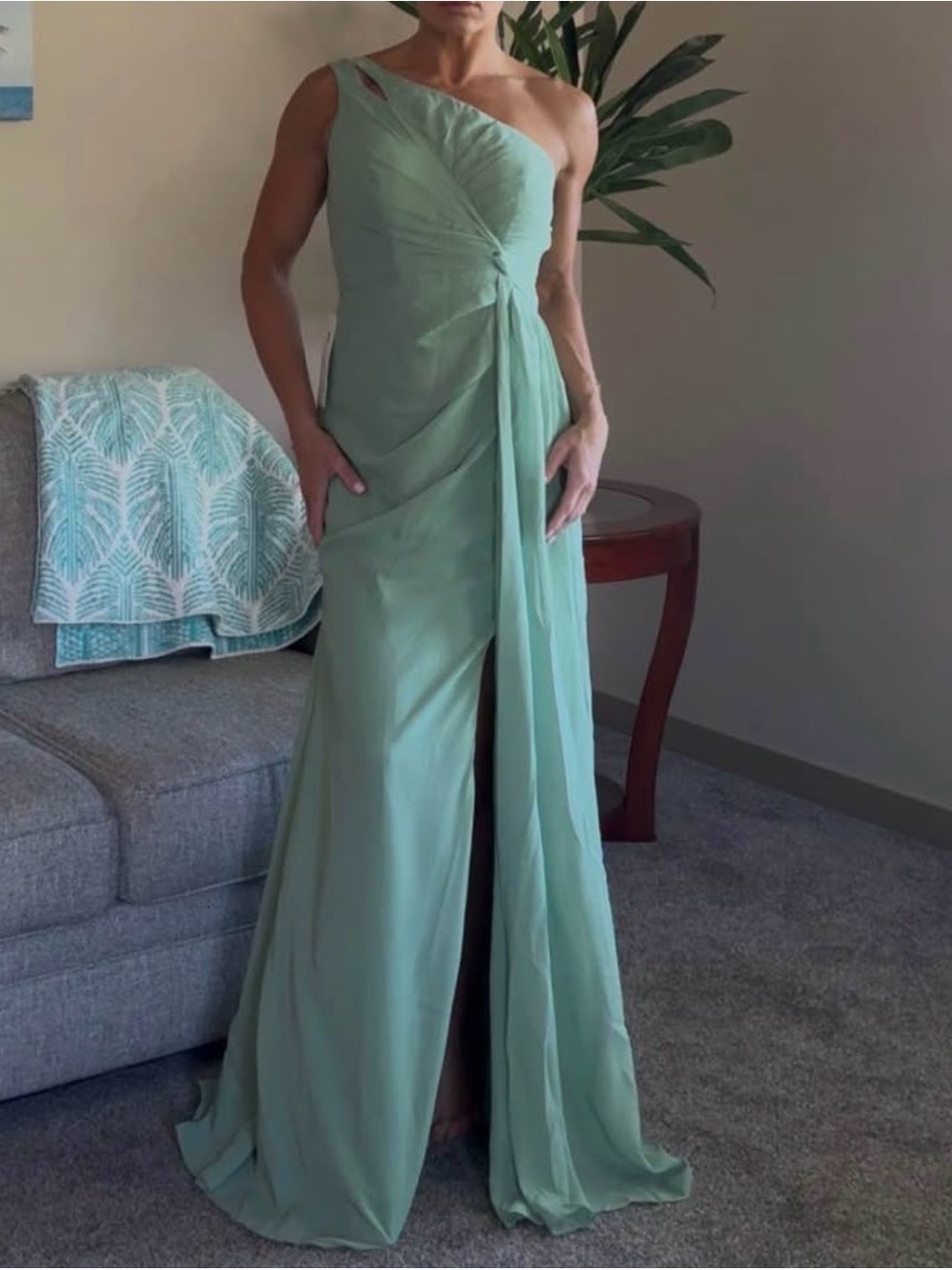 One-Shoulder Sage Green Evening Gown
